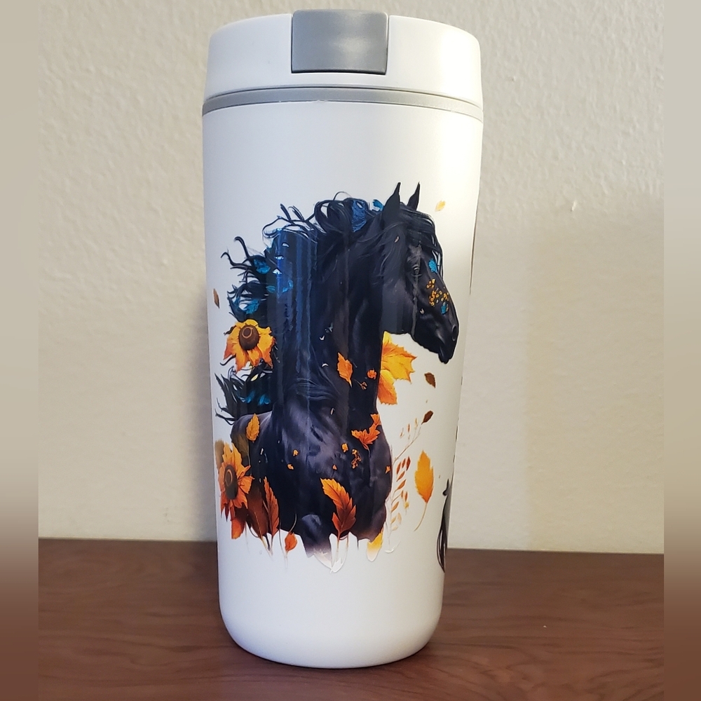 🪻3/$25 Elegant Horse themed insulated travel 20oz mug tumbler white grey lid